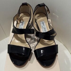 Jimmy Choo Black Patent Leather Strappy Block Heel Sandals